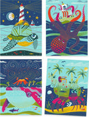 The Topsy-Turvy Dual-color Scratch DIY kit by DJECO features four colorful and whimsical illustrations of marine life including a turtle, octopus, whale, and crab against vibrant ocean backgrounds. Each design showcases intricate details and playful scenes, making it a fun and engaging creative project for children.