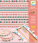 A colorful DIY jewelry kit by DJECO featuring various tiny beads and threads, designed for making intricate bracelets. The kit includes a loom and showcases finished bracelets in vibrant patterns and colors, appealing to young artists and crafters.