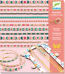 A colorful DIY jewelry kit by DJECO featuring various tiny beads and threads, designed for making intricate bracelets. The kit includes a loom and showcases finished bracelets in vibrant patterns and colors, appealing to young artists and crafters.