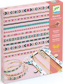 DJECO Tiny Beads & Jewelry DIY kit showcasing colorful bead bracelets and a weaving loom. The packaging features vibrant patterns and multiple designed bracelets, illustrated instructions for crafting, and a charming floral motif on the loom.