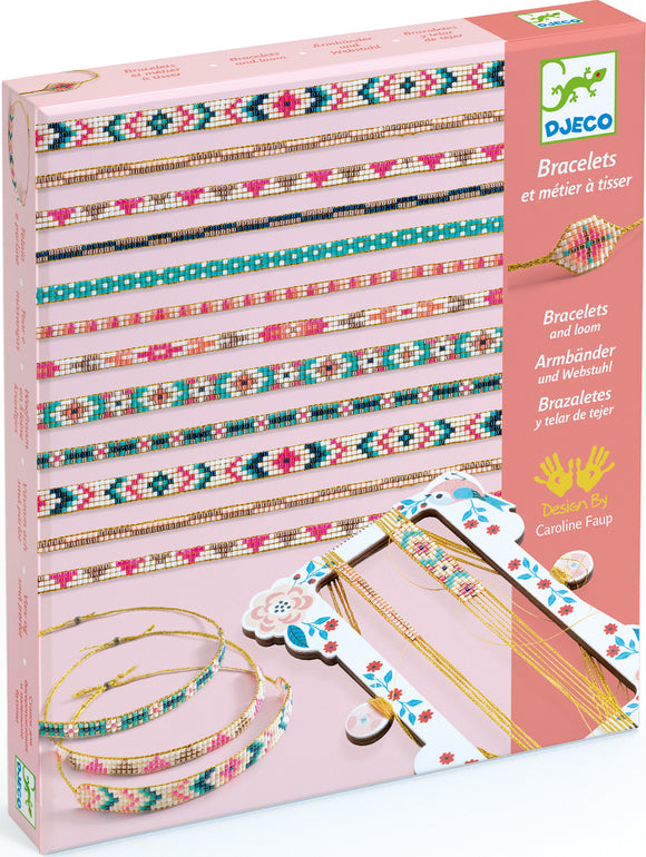 DJECO Tiny Beads & Jewelry DIY kit showcasing colorful bead bracelets and a weaving loom. The packaging features vibrant patterns and multiple designed bracelets, illustrated instructions for crafting, and a charming floral motif on the loom.