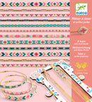 A colorful DIY kit from DJECO featuring a bead loom and an assortment of tiny beads. The image displays various beaded designs and bracelets, showcasing creative potential for jewelry-making.