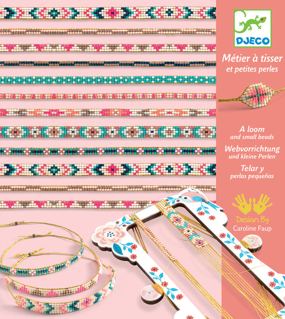 A colorful DIY kit from DJECO featuring a bead loom and an assortment of tiny beads. The image displays various beaded designs and bracelets, showcasing creative potential for jewelry-making.