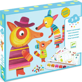 The Fox Family Watercolor Paint by DJECO features a colorful box containing a DIY kit. It includes three wooden fox character figures, paint pots, and brushes for creative painting. The characters display vibrant patterns and friendly expressions, perfect for children aged 3 to 6 years who love arts and crafts.