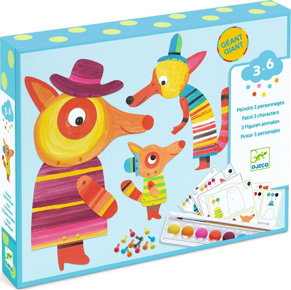 The Fox Family Watercolor Paint by DJECO features a colorful box containing a DIY kit. It includes three wooden fox character figures, paint pots, and brushes for creative painting. The characters display vibrant patterns and friendly expressions, perfect for children aged 3 to 6 years who love arts and crafts.