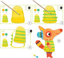 A step-by-step visual guide for 'The Fox Family Watercolor Paint' DIY kit by DJECO. The images illustrate parts of the colorful fox character being painted and assembled, showcasing bright colors and playful design elements.