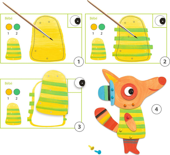 A step-by-step visual guide for 'The Fox Family Watercolor Paint' DIY kit by DJECO. The images illustrate parts of the colorful fox character being painted and assembled, showcasing bright colors and playful design elements.
