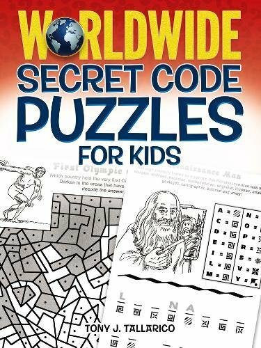 A colorful book cover for 'Worldwide Secret Code Puzzles for Kids' by Tony J. Tallarico. The cover features a globe icon and intriguing puzzle designs, appealing to young learners interested in code-breaking and problem-solving.