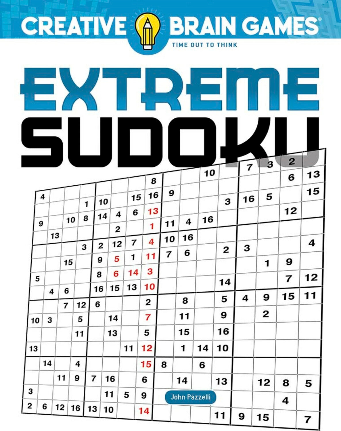 Cover of the Extreme Sudoku book featuring a large grid filled with numbers. The title 'EXTREME SUDOKU' is prominently displayed in bold letters, with the author's name, John Pazzelli, at the bottom. The design includes a creative brain games logo in the top corner, hinting at an intricate puzzle-solving experience aimed at Sudoku enthusiasts.