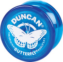 A close-up of a blue Duncan Butterfly Yo-Yo featuring a white butterfly design in the center. The yo-yo is made of durable plastic and is designed for smooth spinning and tricks, ideal for players of all skill levels.