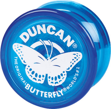 A close-up of a blue Duncan Butterfly Yo-Yo featuring a white butterfly design in the center. The yo-yo is made of durable plastic and is designed for smooth spinning and tricks, ideal for players of all skill levels.