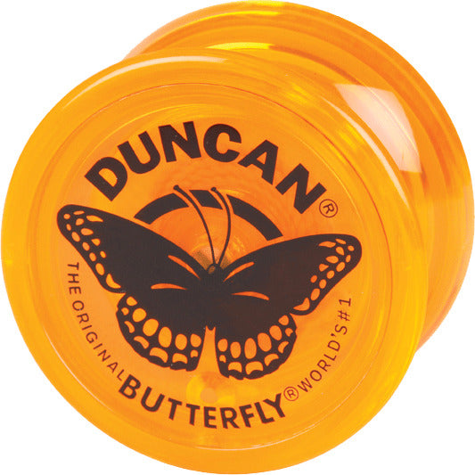 A bright orange Duncan Butterfly Yo-Yo featuring a black butterfly design on its surface. The yo-yo is made for both beginners and experts, promoting fun and skill development. The branding reads 'Duncan' prominently, showcasing its quality and tradition.