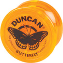 A bright orange Duncan Butterfly Yo-Yo featuring a black butterfly design on its surface. The yo-yo is made for both beginners and experts, promoting fun and skill development. The branding reads 'Duncan' prominently, showcasing its quality and tradition.