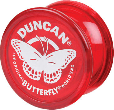A vibrant red Duncan Butterfly Yo-Yo featuring a classic butterfly design on its face. The yo-yo is made of durable plastic, ideal for both beginners and experienced players. It offers great stability and ease of use, making it perfect for tricks and fun play.