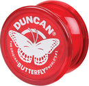 A vibrant red Duncan Butterfly Yo-Yo featuring a classic butterfly design on its face. The yo-yo is made of durable plastic, ideal for both beginners and experienced players. It offers great stability and ease of use, making it perfect for tricks and fun play.