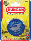 The Duncan Butterfly Yo-Yo, featuring a vibrant blue color and a butterfly graphic on the front. The packaging highlights Duncan’s reputation as the original and world's #1 yo-yo manufacturer. Suitable for ages 6 and up, with a warning about small parts for children under 3 years.