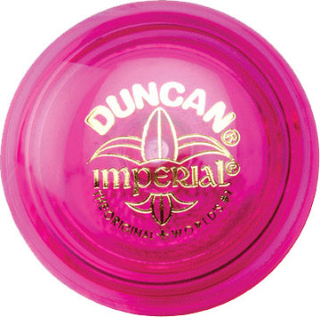 Close-up view of the Duncan Yo-Yo Imperial in vibrant pink color. The yo-yo features a glossy finish with the Duncan brand logo and the word 'Imperial' elegantly embossed in gold. This classic toy is designed for both beginners and skilled players, providing hours of fun and skill development.