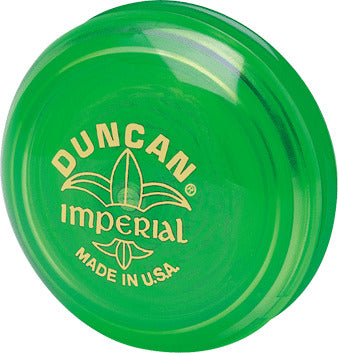 Duncan Yo-Yo Imperial in vibrant green color featuring the iconic Duncan logo and 'Imperial' brand name embossed on its surface. Made in the USA, this classic plastic yo-yo is perfect for both beginners and experienced players, offering smooth performance and great fun.