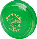 Duncan Yo-Yo Imperial in vibrant green color featuring the iconic Duncan logo and 'Imperial' brand name embossed on its surface. Made in the USA, this classic plastic yo-yo is perfect for both beginners and experienced players, offering smooth performance and great fun.