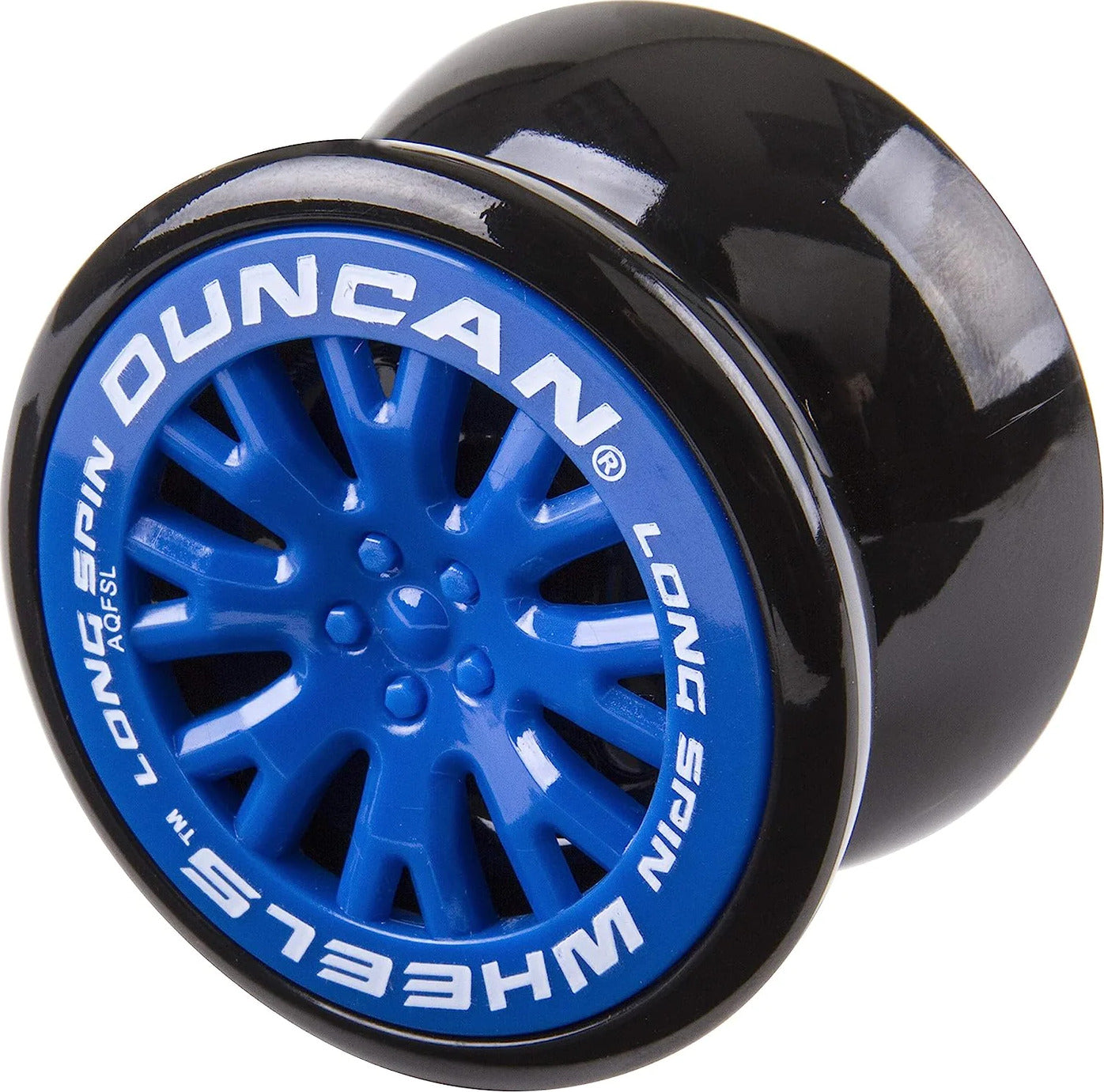 Duncan Wheels by Flambeau Products, featuring a vibrant blue wheel design with the brand name 'Duncan' prominently displayed in white text. The wheel is designed for spinning and play, showcasing a stylish look with its detailed rim and smooth black finish.