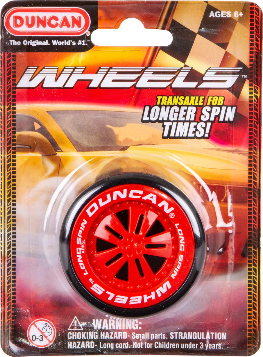 Duncan Wheels by Flambeau Products, featuring a vibrant red design with a detailed wheel structure. Designed for longer spin times, it comes packaged and is suitable for ages 6 and up. Ideal for skill development and fun playtime activities.