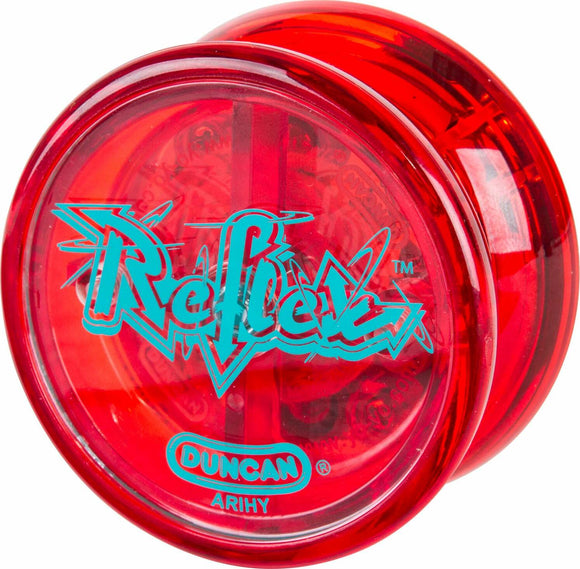 Close-up view of the Reflex Auto Return Yo-Yo by Duncan. The yo-yo features a bright red transparent casing with an intricate internal design, highlighted by playful blue graphics showcasing the brand and product name. Its auto-return mechanism ensures smooth tricks and easy use for both beginners and enthusiasts.