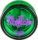 The Reflex Auto Return Yo-Yo by Duncan features a vibrant green body with a sleek black rim. The logo, prominently displayed in purple, reads 'Reflex', showcasing its stylish design. This yo-yo is engineered for effortless auto-return, making it ideal for both beginners and experienced users looking to perform tricks with ease.