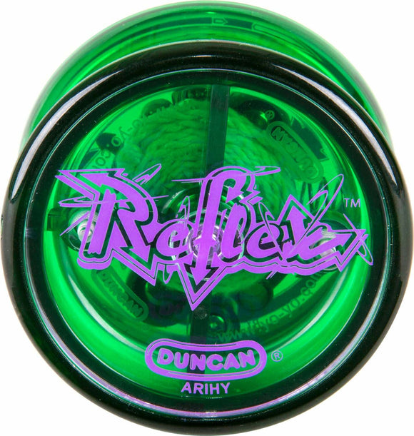 The Reflex Auto Return Yo-Yo by Duncan features a vibrant green body with a sleek black rim. The logo, prominently displayed in purple, reads 'Reflex', showcasing its stylish design. This yo-yo is engineered for effortless auto-return, making it ideal for both beginners and experienced users looking to perform tricks with ease.