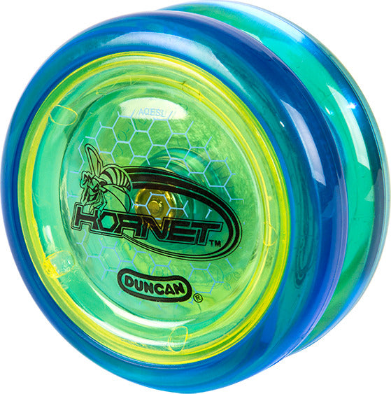 The Hornet Pro Looping Yo-Yo by Duncan features a vibrant translucent design in blue and green with a yellow rim. The yoyo showcases the Hornet logo prominently on its surface, making it a standout choice for players of all skill levels.
