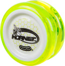 The Hornet Pro Looping Yo-Yo by Duncan features a vibrant neon yellow and clear design. Its logo is prominently displayed on a white background, showcasing a hornet graphic and hexagonal pattern. This yo-yo is designed for professional looping tricks, offering high performance and durability, making it ideal for enthusiasts and beginners alike.