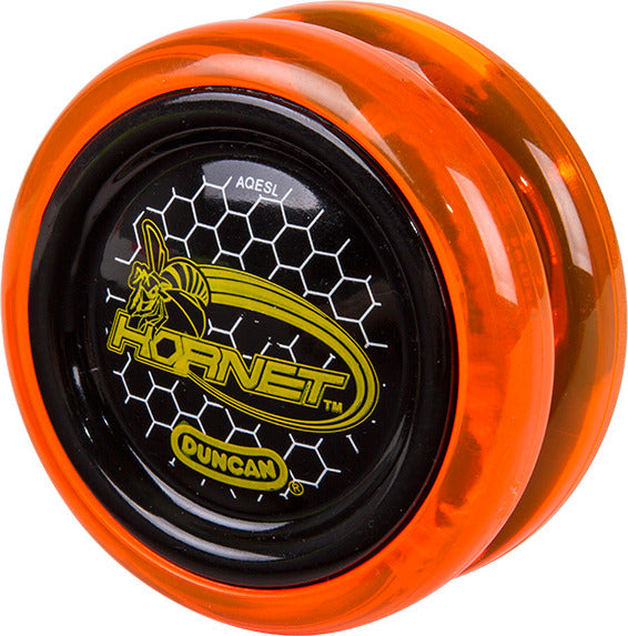 The Hornet Pro Looping Yo-Yo by Duncan is an eye-catching orange and black toy. It features a sleek design with a honeycomb pattern and the Hornet logo prominently displayed in the center, perfect for performing tricks and enhancing skills.
