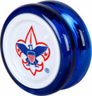 The Hornet Pro Looping Yo-Yo by Duncan features a vibrant blue design with a white face displaying a classic eagle emblem surrounded by red stars. This yo-yo is perfect for practicing tricks and showcases excellent looping capabilities for both beginners and experienced players.