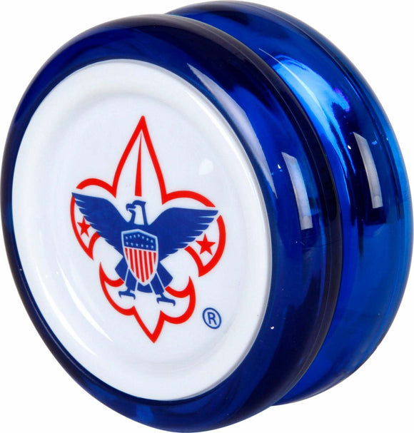 The Hornet Pro Looping Yo-Yo by Duncan features a vibrant blue design with a white face displaying a classic eagle emblem surrounded by red stars. This yo-yo is perfect for practicing tricks and showcases excellent looping capabilities for both beginners and experienced players.