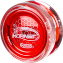 The Hornet Pro Looping Yo-Yo by Duncan features a vibrant red color and a transparent body, showcasing its intricate design. Ideal for both beginners and advanced players, it allows for smooth looping tricks and enhanced playability, making it a fun and engaging toy for all ages.