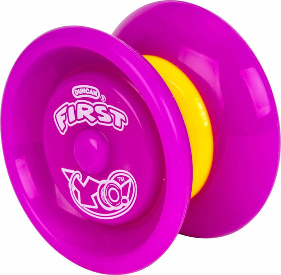 A bright purple and yellow Duncan First Yo-Yo designed for beginners. The yo-yo features a vibrant color scheme and is perfect for learning tricks and skills.