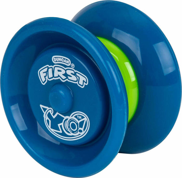 A blue and green yo-yo from Duncan, labeled 'First'. This beginner-friendly yo-yo features a durable design, perfect for practicing tricks and improving skills.
