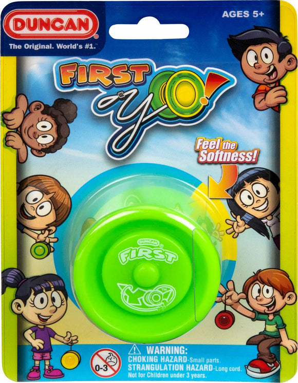 Bright green 'First Yo!' yo-yo from Duncan, designed for ages 5 and up. The packaging features engaging cartoon characters demonstrating its use, with a warning about small parts and choking hazards.