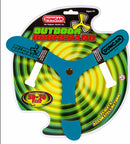 Duncan Outdoor Boomerang displayed on a vibrant packaging featuring swirling green and yellow graphics. The boomerang is in bright blue with white handles, marked with the brand name. Details include flight range specifications indicating it flies accurately within 50 to 70 feet and is suitable for ages 6 and up.