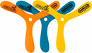 A colorful set of three outdoor boomerangs made of lightweight material. Each boomerang features the 'Outdoor Boomerang' logo in vibrant hues of orange, blue, and yellow, perfect for outdoor fun and games. Ideal for all ages, these boomerangs are designed for easy throwing and catching.