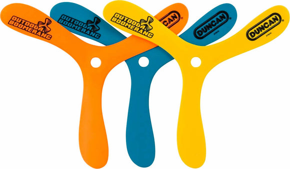 A colorful set of three outdoor boomerangs made of lightweight material. Each boomerang features the 'Outdoor Boomerang' logo in vibrant hues of orange, blue, and yellow, perfect for outdoor fun and games. Ideal for all ages, these boomerangs are designed for easy throwing and catching.