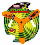 The Duncan Outdoor Boomerang is a brightly colored, orange plastic toy designed for outdoor play. It features two extended arms with a smooth, aerodynamic shape that allows it to fly and return when thrown correctly. The packaging displays vibrant green swirling patterns and indicates the flight range of 50 to 70 feet. Suitable for ages 6 and up.