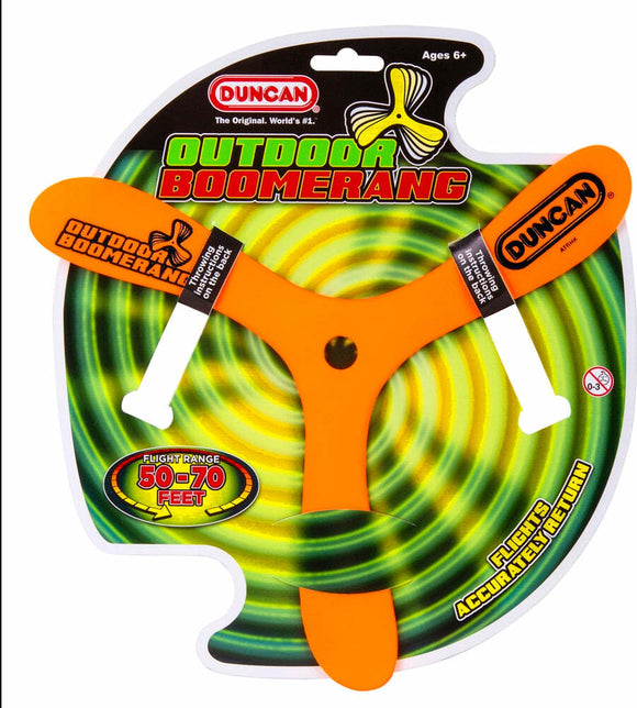 The Duncan Outdoor Boomerang is a brightly colored, orange plastic toy designed for outdoor play. It features two extended arms with a smooth, aerodynamic shape that allows it to fly and return when thrown correctly. The packaging displays vibrant green swirling patterns and indicates the flight range of 50 to 70 feet. Suitable for ages 6 and up.