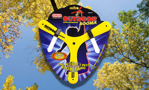 Duncan Outdoor Boomerang, a brightly colored yellow boomerang designed for outdoor fun. It features a unique shape and promises to fly up to 70 feet. Ideal for family activities and skill development.