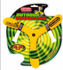 Duncan Outdoor Boomerang is a bright yellow flying toy designed for outdoor use. It features a unique, aerodynamic design with wing tips labeled for throwing instructions and a vibrant circular packaging that shows the flight range of 50-70 feet. Recommended for ages 6 and up, it promises exciting flights and accurate returns for outdoor fun.