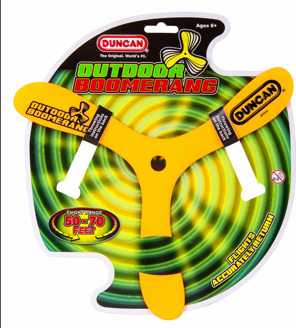 Duncan Outdoor Boomerang is a bright yellow flying toy designed for outdoor use. It features a unique, aerodynamic design with wing tips labeled for throwing instructions and a vibrant circular packaging that shows the flight range of 50-70 feet. Recommended for ages 6 and up, it promises exciting flights and accurate returns for outdoor fun.