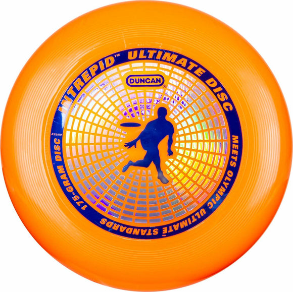 Intrepid Ultimate Disc by Duncan, a vibrant orange flying disc weighing 175 grams. The disc features a sleek design with a silhouette of a player throwing a frisbee. Perfect for outdoor sports and recreational play, meeting Olympic ultimate standards.