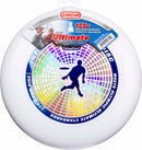A Duncan Intrepid Ultimate Disc weighing 175g featuring a sleek white design. The center showcases a colorful mesh pattern with a silhouette of a player throwing the disc. The disc is precision weighted and meets Olympic ultimate standards, emphasizing its quality for sports enthusiasts.
