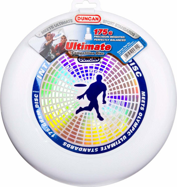 A Duncan Intrepid Ultimate Disc weighing 175g featuring a sleek white design. The center showcases a colorful mesh pattern with a silhouette of a player throwing the disc. The disc is precision weighted and meets Olympic ultimate standards, emphasizing its quality for sports enthusiasts.