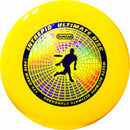 Bright yellow Intrepid Ultimate Disc with a vibrant rainbow holographic design at its center, featuring the Duncan logo and an illustration of a player throwing a disc. It weighs 175 grams and meets Olympic ultimate standards, ideal for outdoor games and recreational activities.