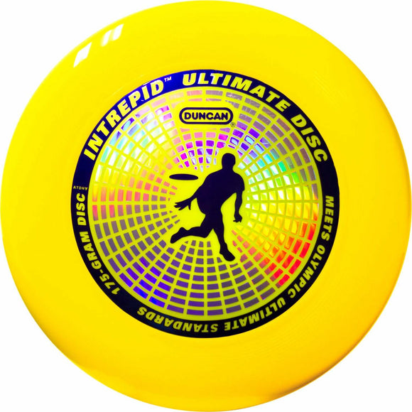 Bright yellow Intrepid Ultimate Disc with a vibrant rainbow holographic design at its center, featuring the Duncan logo and an illustration of a player throwing a disc. It weighs 175 grams and meets Olympic ultimate standards, ideal for outdoor games and recreational activities.